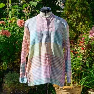 Land’s End NWOT Women’s Linen Rainbow Multi-colored Gingham Long-sleeved blouse